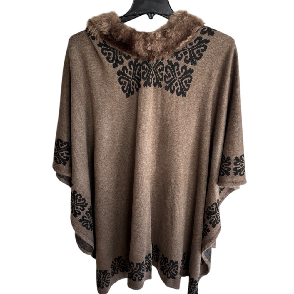 Poncho Cape Shaw Coat Ornate Women's Faux Fur Trim Brown Black One Size Classic - Picture 5 of 12
